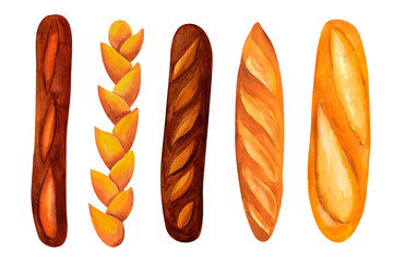 Set of rye and wheat baguettes, captured in a watercolor composition. The warm, rustic tones emphasize the freshness and natural quality of the bread. Perfect for bakery designs, cafe, and packaging.