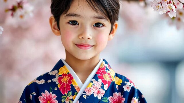A young Asian girl in a floral kimono smiles amid cherry blossoms, celebrating Hanami and cultural traditions