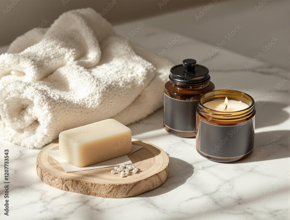 Poster a candle in a jar with a black label, a bar of soap, and a towel on a marble surface.