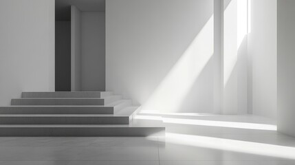 Modern minimalist home interior with clean geometric stair design in white tones, natural light streaming through large windows, spacious ambiance.