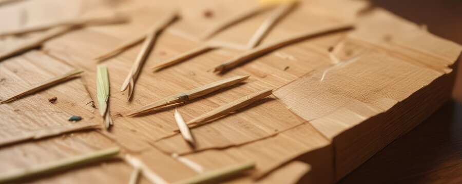 Bamboo wood toothpick sticking out of torn packaging material, packaging, rustic