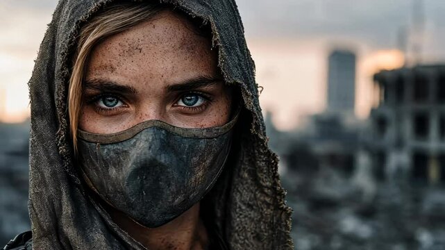 A Caucasian woman wearing a hood and mask stands amidst a post-apocalyptic urban landscape concepts: survival, dystopia