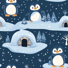 Seamless Pattern - Adorable penguins in a snowy winter wonderland.