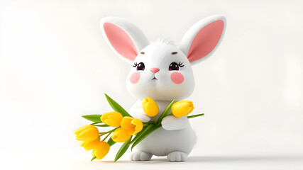 Obraz premium Simple funny kawaii cute soft fluffy cartoon bunny with eyebrows, pink ears cheeks stands holding a bouquet of yellow tulips behind its back with its paws. white background. Generative AI