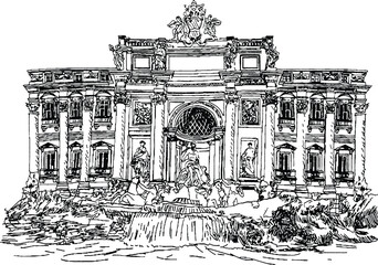 Detailed black and white sketch of Trevi Fountain in Rome