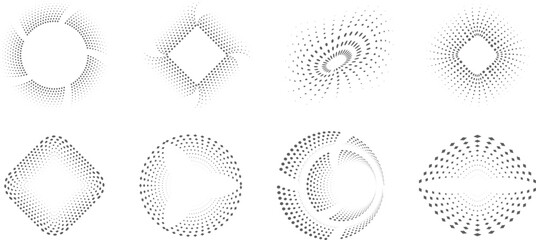 Eight halftone dotted spiral and circular shapes creating a dynamic and hypnotic effect