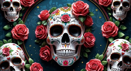 Glitter sugar skulls and roses forming a Day of the Dead circular ring