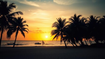 Beach scene at sunset with palm trees and sandy shore, nature lovers, film grain