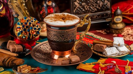 Traditional Turkish coffee served in ornate copper cup with saucer, garnished with Turkish delight and styled on decorative cloth