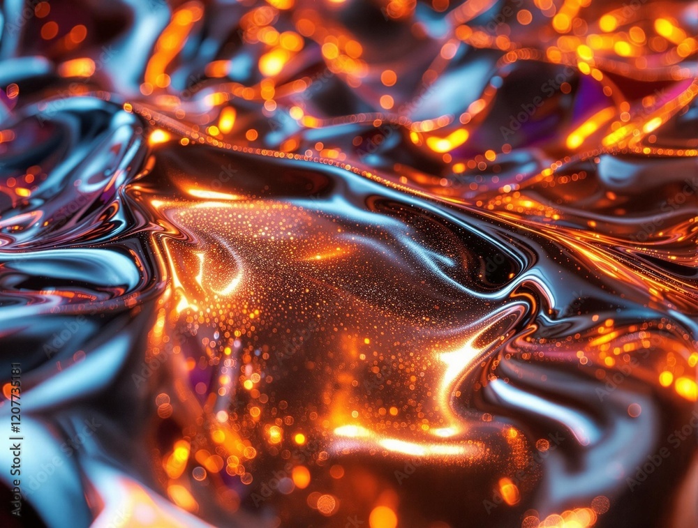 Poster a close-up of a glossy, metallic surface with a reflective, liquid-like appearance, featuring shades