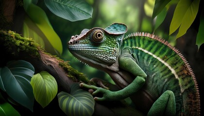 A chameleon blending seamlessly into the lush green leaves of a dense forest, showcasing its natural camouflage abilities in a vibrant, wild setting.
