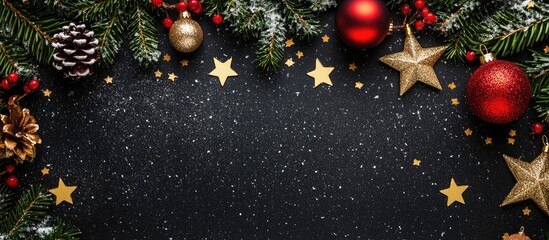 Christmas Background Featuring Ornaments Pine Cones Stars and Snow With Empty Space for Text Ideal for Holiday Greetings or Promotions