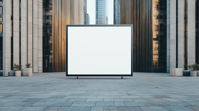 large digital screen in urban plaza surrounded by modern buildings