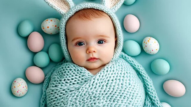 A Caucasian baby wearing a bunny hat is surrounded by colorful eggs, symbolizing Easter joy