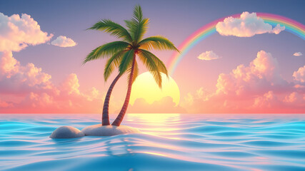 Obraz premium Summer 3d banner design. Realistic render scene tropical palm tree, sun, rainbow, cloud. Tropic beach objects, Holiday web poster, flyer, seasonal brochure, cover. Generative AI