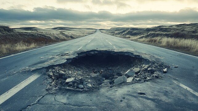 Desolate rural road with large crater filled with debris, featuring cracked asphalt and surrounding grasslands under a moody sky. - Powered by Adobe