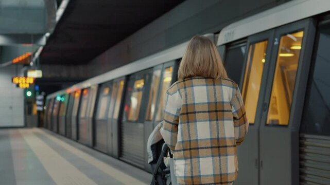 Mother standing near subway platform, pushing stroller while waiting for train, train approaching through bustling urban station with contemporary motion