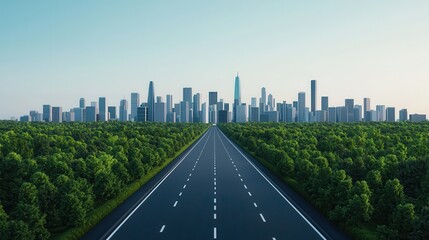 Fototapeta premium A vast, empty highway leads towards a modern city skyline, surrounded by lush greenery under a clear sky.