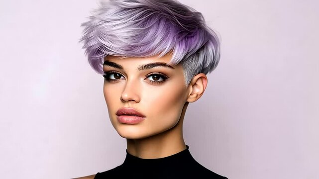 A young Caucasian woman with a stylish purple pixie cut poses, embodying modern beauty and fashion trends