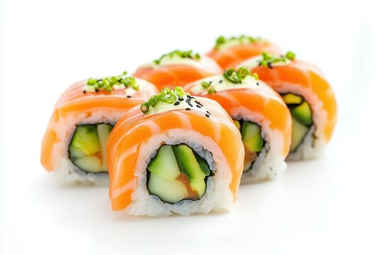 A vibrant array of maki rolls featuring salmon, avocado, and tuna. These sushi rolls showcase the fresh and savory allure of Japanese cuisine with their colorful presentation. - Powered by Adobe