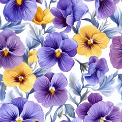 Seamless Pattern - Vibrant purple and yellow pansies floral pattern