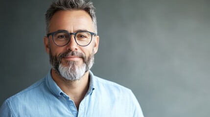 Fototapeta premium Bearded man with glasses in a light blue shirt against a gray background, captured from a frontal perspective.
