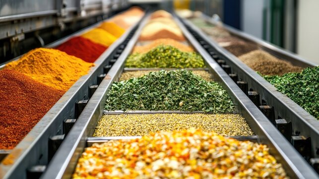 Vibrant conveyor belt displaying a colorful array of diverse spices and herbs in a processing facility with rich earthy tones and textures