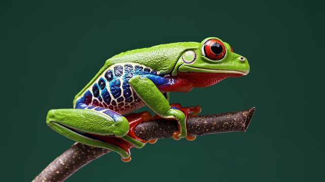 Brightly colored frog perched on a branch against a dark background in a calm natural setting