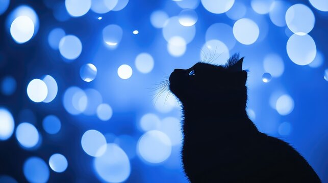 Silhouette of a black cat against a dreamy blue background with glowing orbs creating a magical atmosphere and ample space for text.