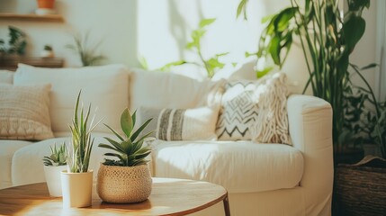 Bright living room with a cream sofa, rustic wood table, and various indoor plants, illuminated by natural light from a window.