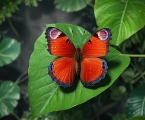 Bird's eye view of Scarlet Peacock butterfly on a green leaf, green leaf, insect conservation, nature photography