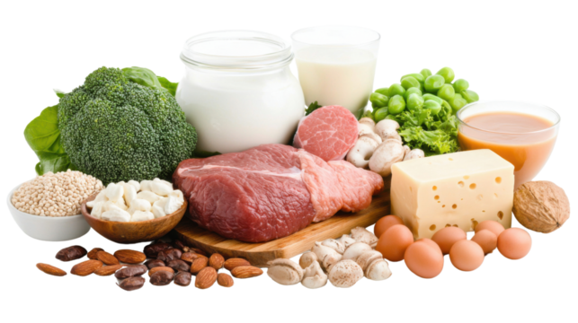 A colorful arrangement of various foods, including meats, dairy, vegetables, nuts, and grains, showcasing a diverse selection of nutritious ingredients.