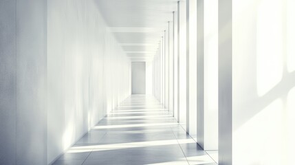 Obraz premium Bright minimalist hallway interior featuring austere white walls and smooth flooring, bathed in natural light with long shadows creating depth.