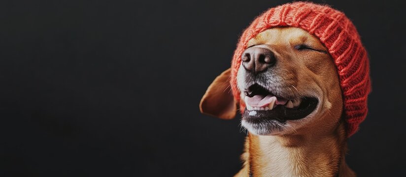 Happy brown dog in a bright red knitted beanie against a dark background, close-up portrait with empty space for text and branding.