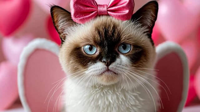 A grumpy cat with a pink bow and angel wings, perfect for Valentine's Day humor