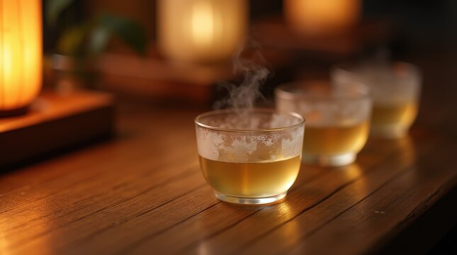 Delicate sak cup filled with fragrant rice wine on a warm wooden table