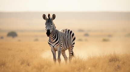Obraz premium Zebra stands alone on dusty African plain with striking black-and-white stripes