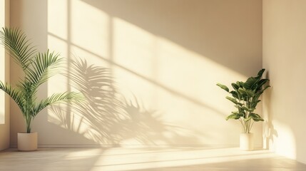 Minimalist Interior Space with Soft Light Colors and Verdant Indoor Plants in Bright Room with Long Shadows and Natural Light