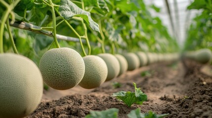 Organic cantaloupe plants growing in a greenhouse farm with ripe fruits developing along the cultivation row on fertile soil