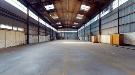Obraz premium Spacious interior of a large industrial factory complex featuring high ceilings, open layout with natural light, and grey concrete flooring.