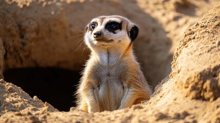 Fototapeta premium Meerkat Suricata suricatta standing alert near burrow in natural habitat under sunny conditions