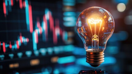 Innovative concepts with light bulb symbolizing new ideas in finance and stock market growth with digital trading graphs in the background