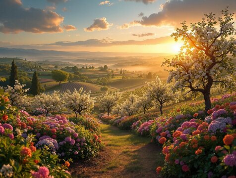 a picturesque landscape with rolling hills, vibrant flowers, and a beautiful sunset casting warm light over the scene.
