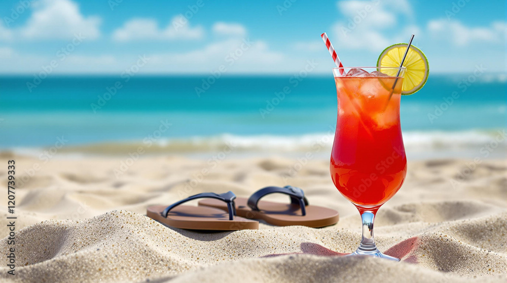 Poster a refreshing red cocktail with a slice of lime and strawberry is placed on sandy beach near a pair o