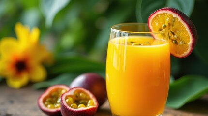 Fototapeta premium Enjoying fresh jamaican passion fruit juice in a tropical setting