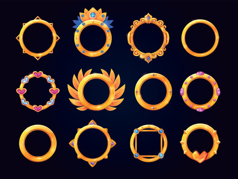 Avatar golden frames. Fantasy game gold frame, user rank award reward circular borders rpg gaming ui asset medieval royals round elements, set cartoon swanky vector illustration