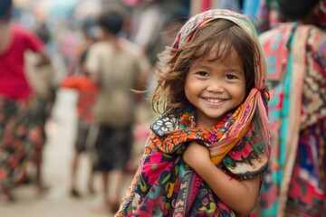 Fototapeta premium A joyful child smiles warmly while wrapped in colorful fabrics amidst a bustling market scene.