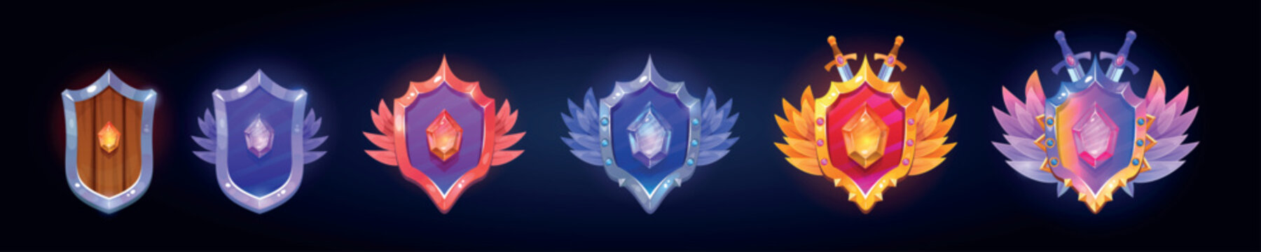 Game rank shields. Gamer level ranking badges, achievement medal trophy fantasy rpg gaming wooden gold shield mobile app ui asset icons badge cartoon set swanky vector illustration