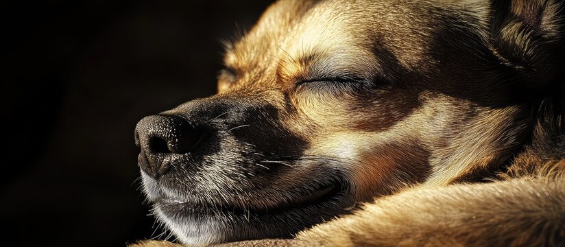 Joyful Chihuahua dog with closed eyes resting in warm golden evening sunlight creating a serene atmosphere with space for text insertion.