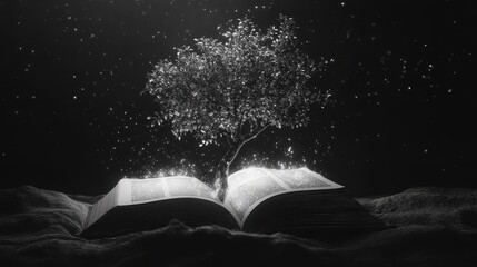 Naklejka premium Tree growing from open book, Silver light, [knowledge as success], [metaphor for growth and success through learning]